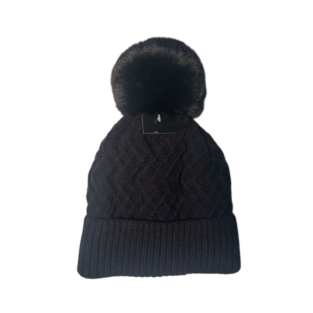 Black Knit Fur Liner Pom-Pom Beanie NWT